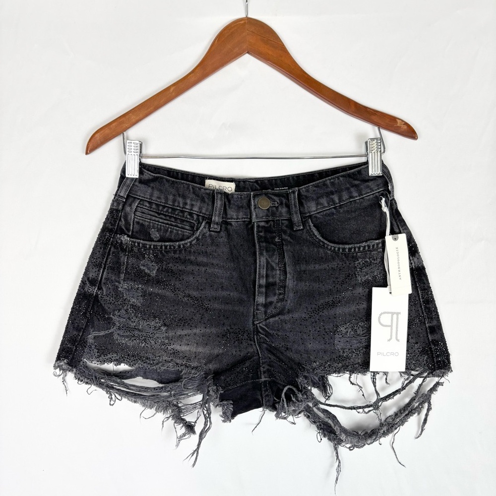 NEW The Devon Rhinestone‎ Distressed Denim Shorts by Pilcro Black Size 26